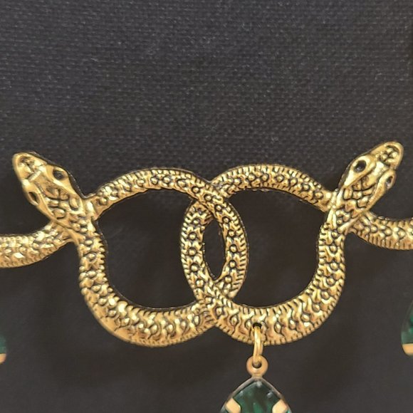NEW Gold Metal Boho Witchy Moon Snake Serpent Priestess Necklace w/ Faux Gems - Picture 2 of 3